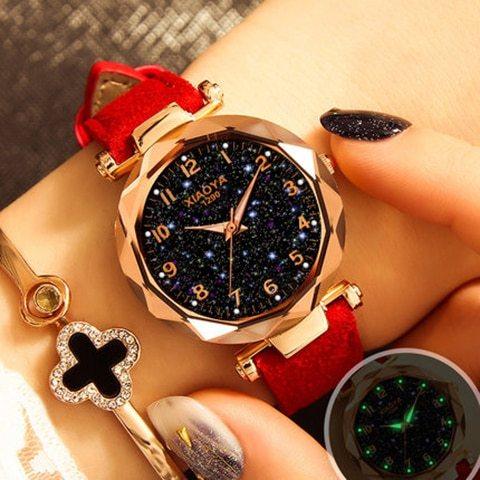 Elegant HAOYA wristwatch with starry black dial, gold case, red leather strap, and detailed hour markers
