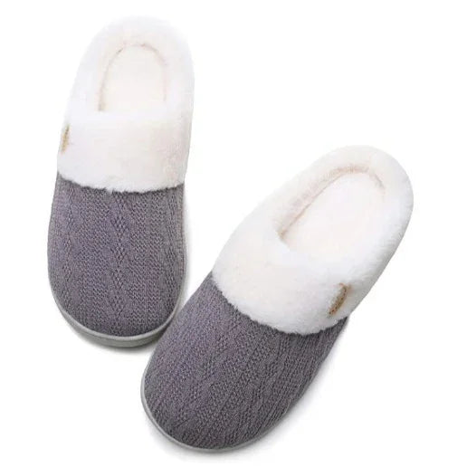 Cozy gray knit slippers with plush white fleece lining for indoor comfort
