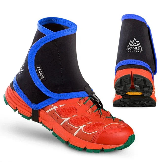 AONIJIE trail running shoes with black ankle gaiters featuring blue trim, orange and green soles, suitable for outdoor sports