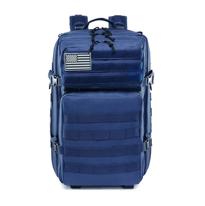 Blue tactical backpack with multiple compartments and an American flag patch on front