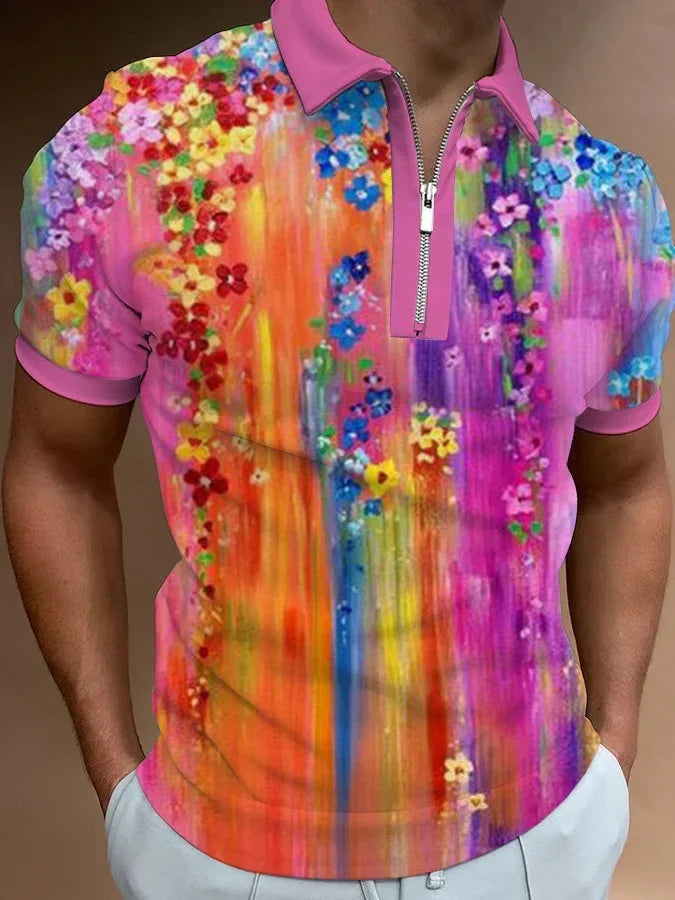 Men's colorful floral zip-up polo shirt with pink collar and multicolor vertical stripes