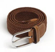 Brown woven fabric belt with leather accents and silver metal buckle on white background