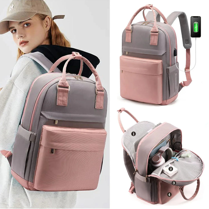 Stylish grey and pink backpack with USB charging port, multiple compartments, worn by woman in casual wear