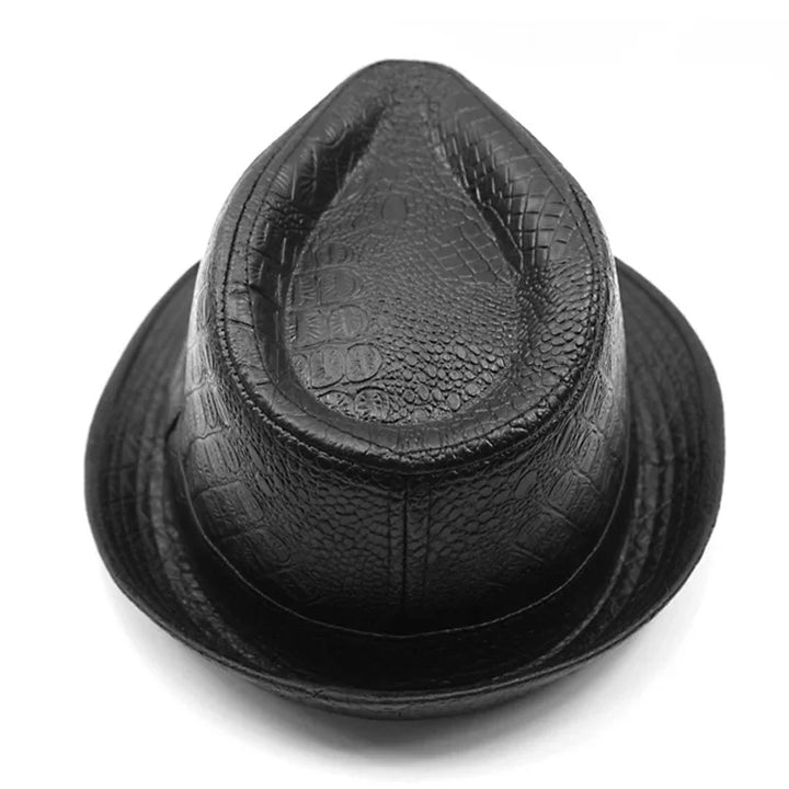 black faux crocodile leather fedora hat with textured pattern on white background