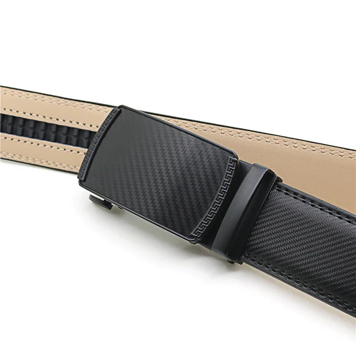 Close-up of a black textured leather belt with a carbon fiber pattern automatic buckle and beige stitched inner lining