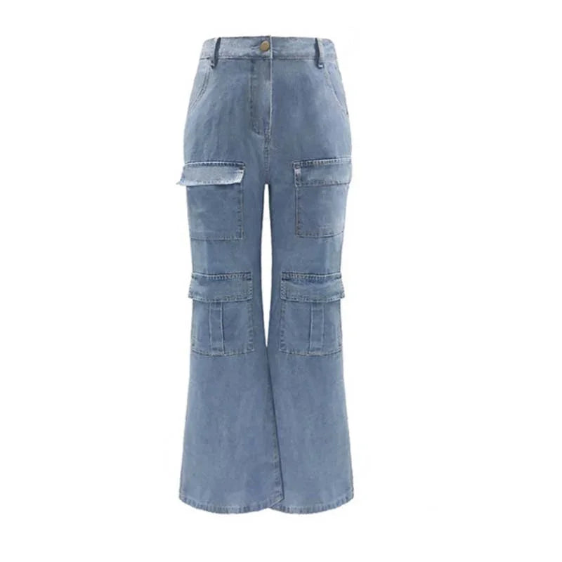 Light blue denim wide-leg cargo pants with multiple large front pockets and belt loops