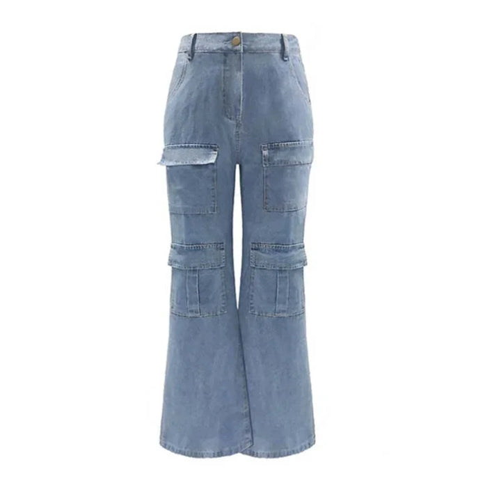 Light blue denim wide-leg cargo pants with multiple large front pockets and belt loops