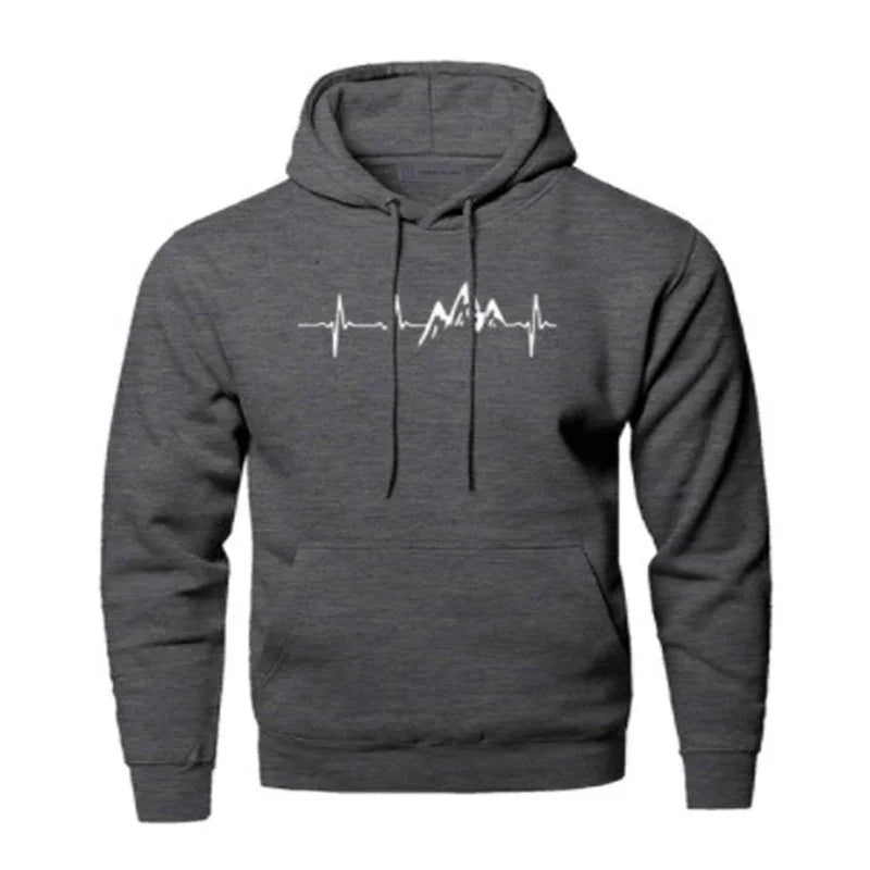 Dark gray hoodie with white heartbeat line and mountain peak graphic on chest