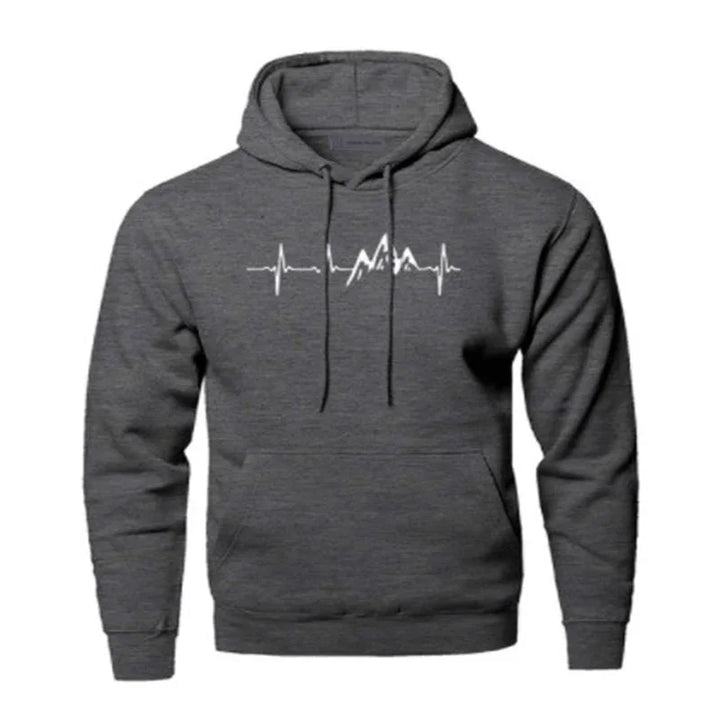 Dark gray hoodie with white heartbeat line and mountain peak graphic on chest
