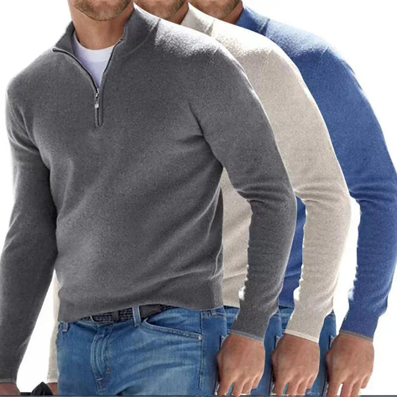 Men's pullover sweaters in gray, beige, and blue with quarter zipper and casual fit