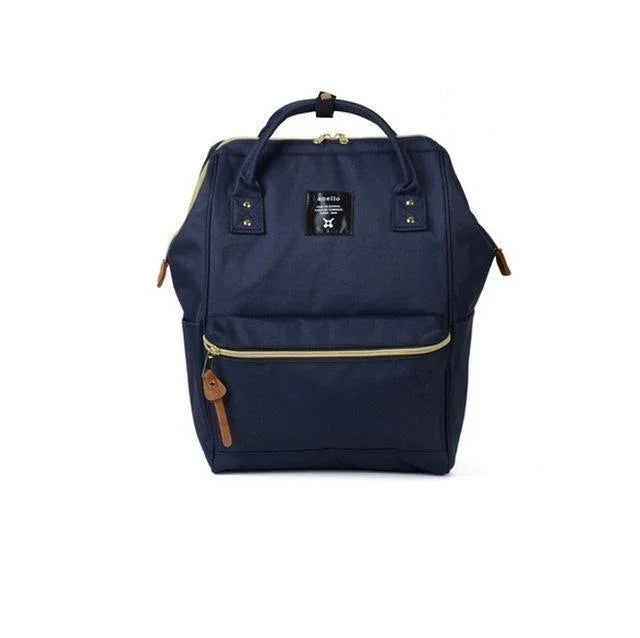 Navy blue Anello backpack with front zip pocket, top handles, and leather zipper pull