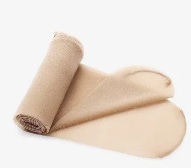 Rolled beige wool fabric on white background, soft textile material for sewing