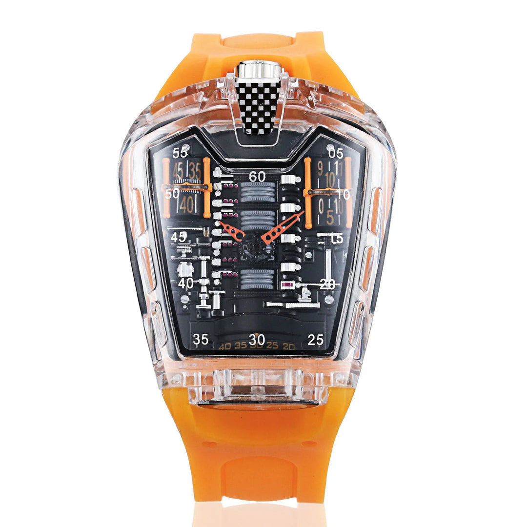 Futuristic mechanical wristwatch with orange strap and transparent case showing intricate gears