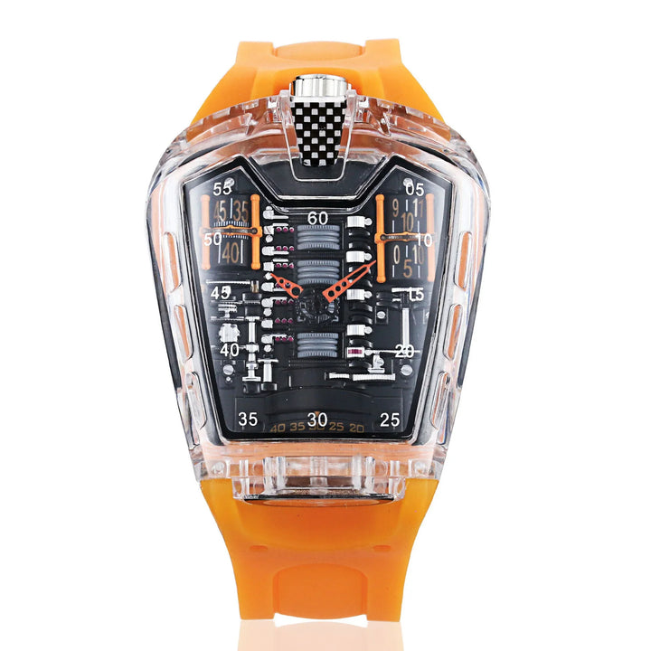 Futuristic mechanical wristwatch with orange strap and transparent case showing intricate gears