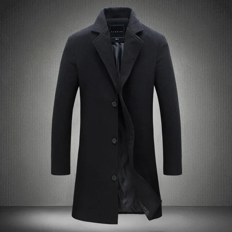 Black men's wool blend overcoat with notch lapels, three-button closure, and silky lining