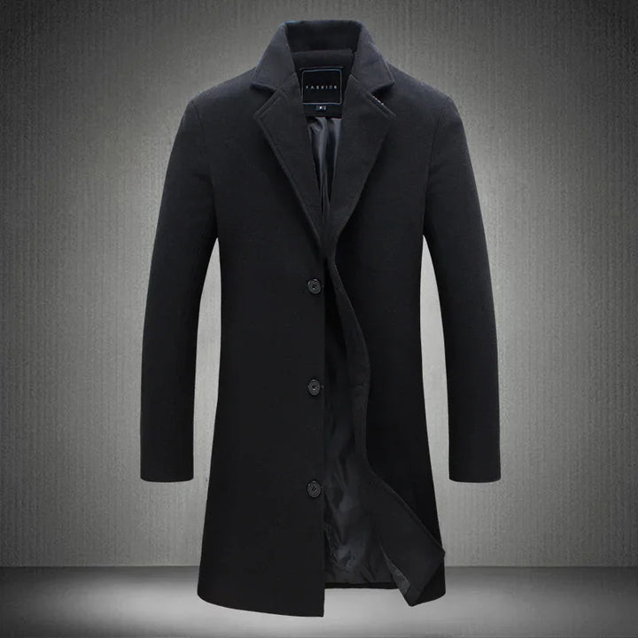 Black men's wool blend overcoat with notch lapels, three-button closure, and silky lining