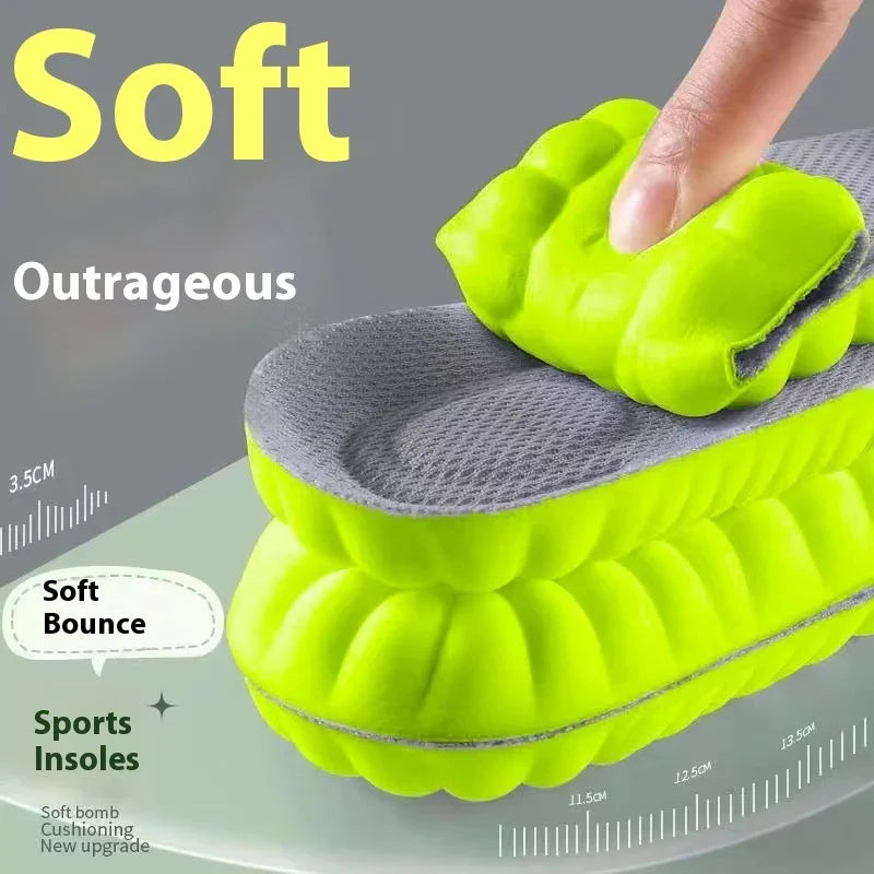 Bright green soft sports insoles with cushion layers and finger pressing for bounce and comfort