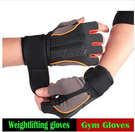 Pair of black and gray weightlifting gym gloves with orange accents and wrist straps