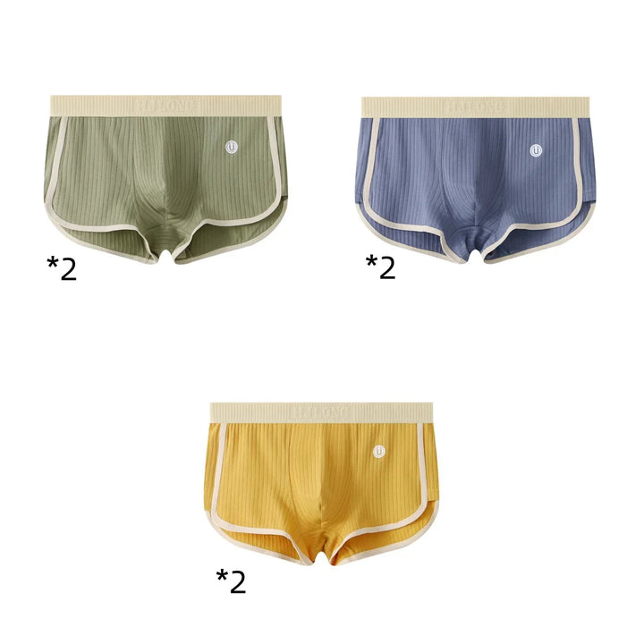Set of three ribbed cotton men's boxer briefs in green, blue, and yellow with beige waistbands and trim