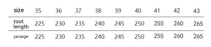 Size chart showing foot length and yardage for shoe sizes 35 to 43