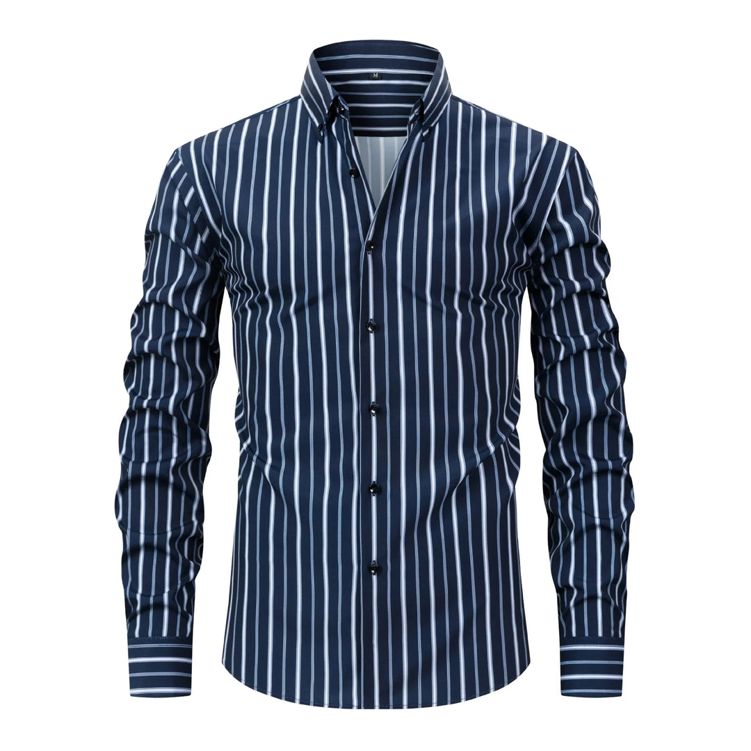 Men's navy blue dress shirt with white vertical stripes and button-down collar