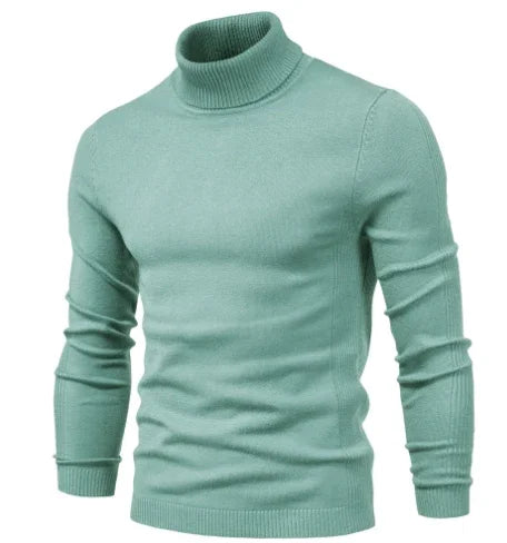 mint green men's fitted turtleneck sweater with long sleeves and ribbed cuffs