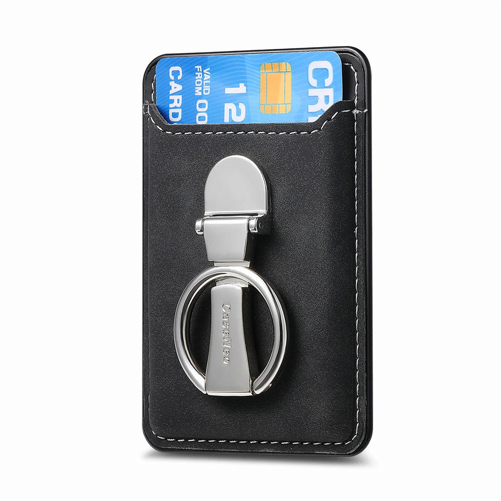 Black leather card holder with white stitching and silver ring phone grip attached