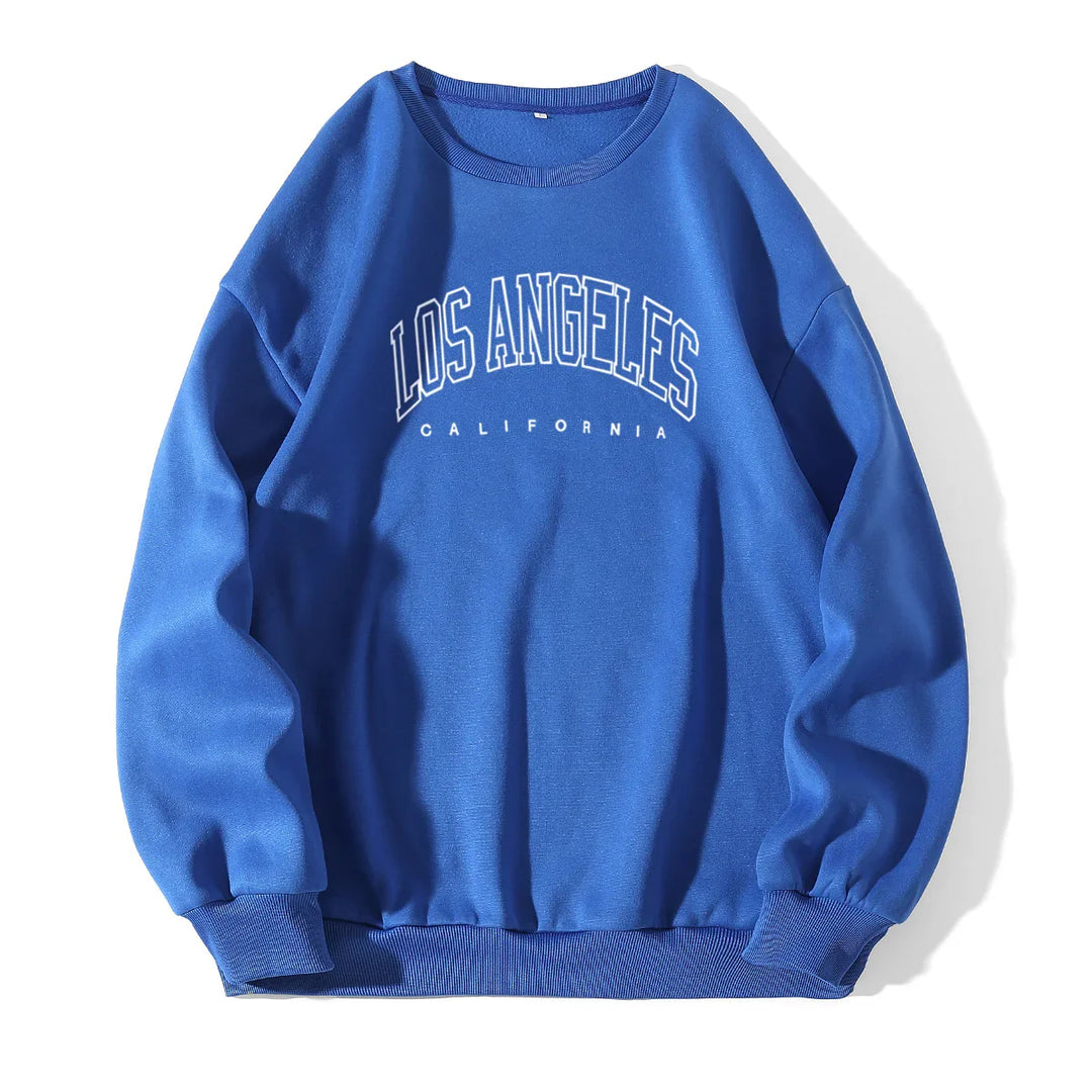 Blue crewneck sweatshirt with Los Angeles California white text print, ribbed cuffs and hem