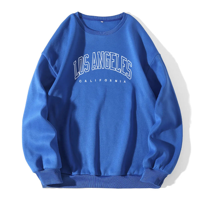 Blue crewneck sweatshirt with Los Angeles California white text print, ribbed cuffs and hem
