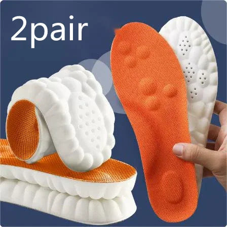 2 pairs of memory foam shoe insoles, orange and white, shown on blue background