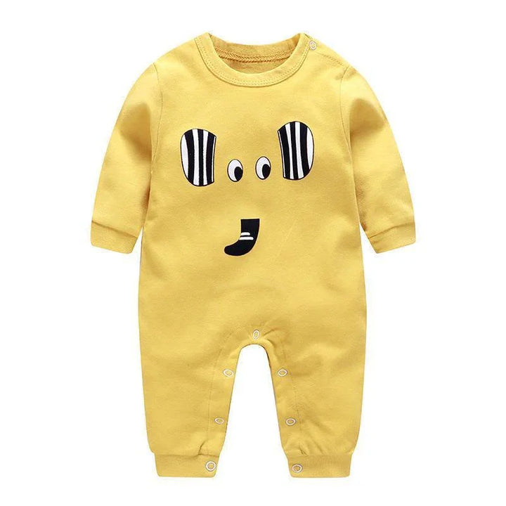 Yellow baby romper with playful cartoon face design and snap buttons for easy changing