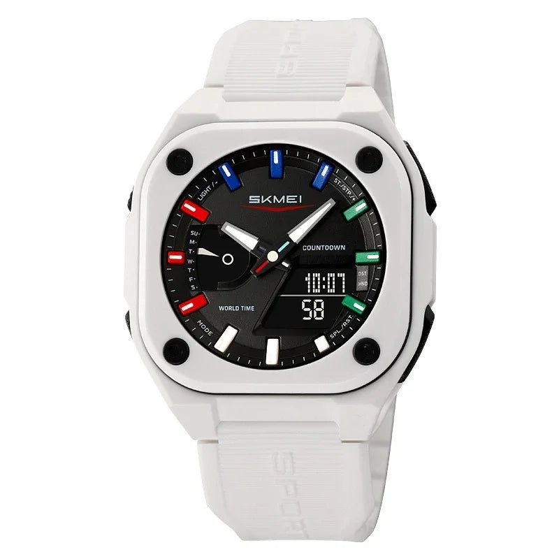 White SKMEI digital analog sports watch with black dial, colorful markers, and white silicone strap