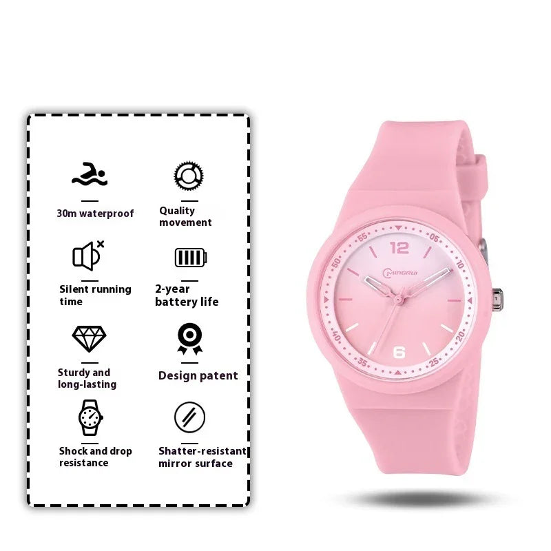 Pink silicone wristwatch with 30m waterproof, silent time, 2-year battery, shock resistance