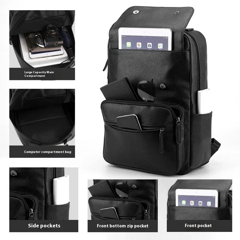 Black leather backpack with multiple compartments including front zip pocket, side pockets, and tablet slot