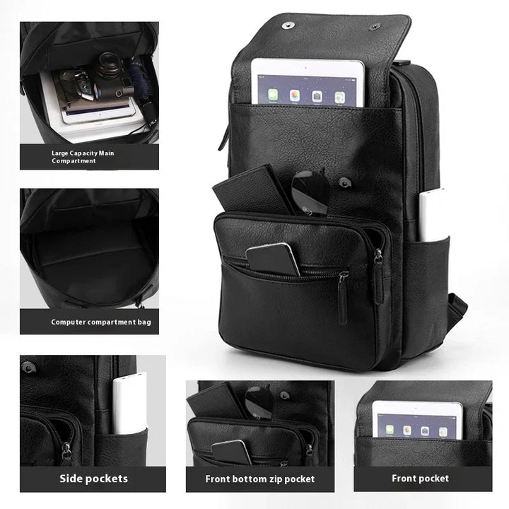 Black leather backpack with multiple compartments including front zip pocket, side pockets, and tablet slot