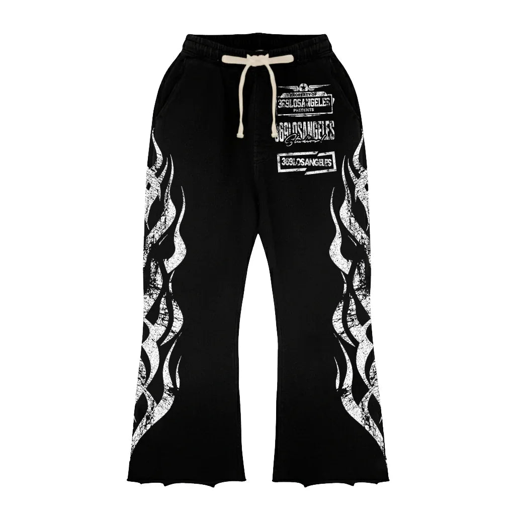 Black sweatpants with white drawstring and white flame graphics on legs, featuring 330LosAngeles text prints
