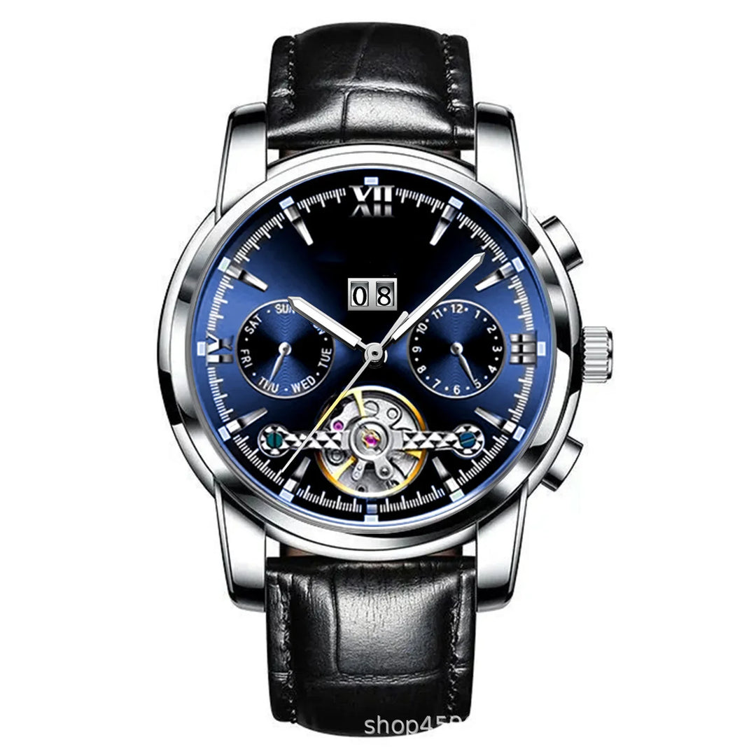 Luxury men's wristwatch with blue dial, silver case, black leather strap, date and day subdials