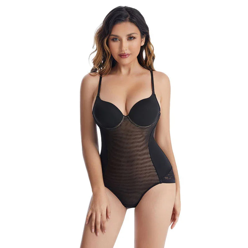 woman wearing black mesh bodysuit lingerie with underwire cups and adjustable straps on white background