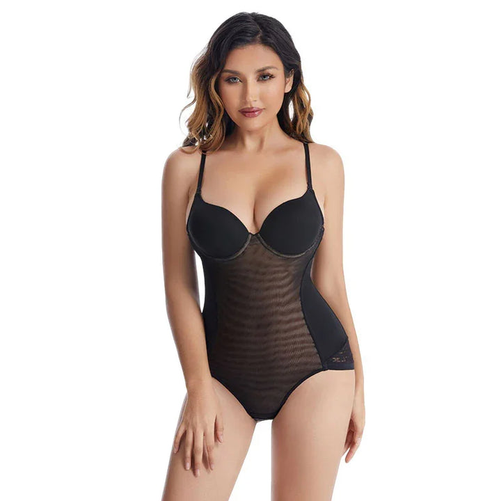 woman wearing black mesh bodysuit lingerie with underwire cups and adjustable straps on white background
