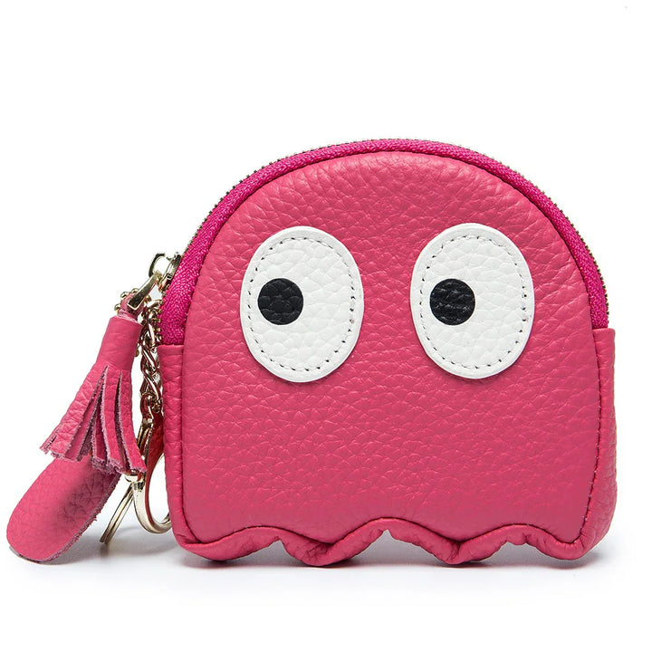 Pink leather coin purse shaped like a ghost with big white eyes and tassel zipper pull