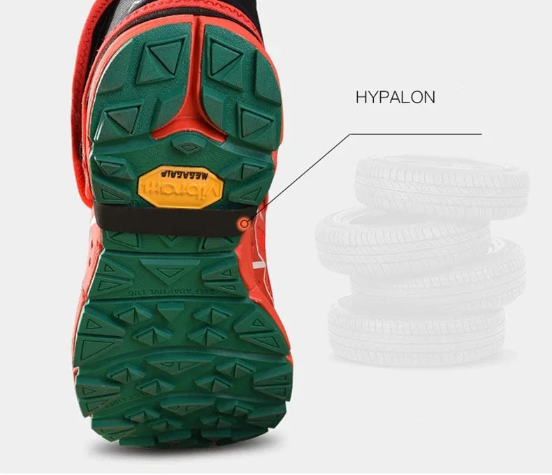 Close-up of Vibram Megagrip green and red shoe sole with highlighted Hypalon material detail