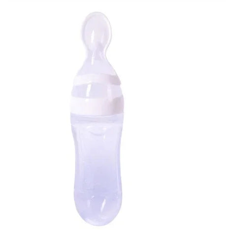 clear silicone baby bottle with a unique rounded nipple and wide neck design