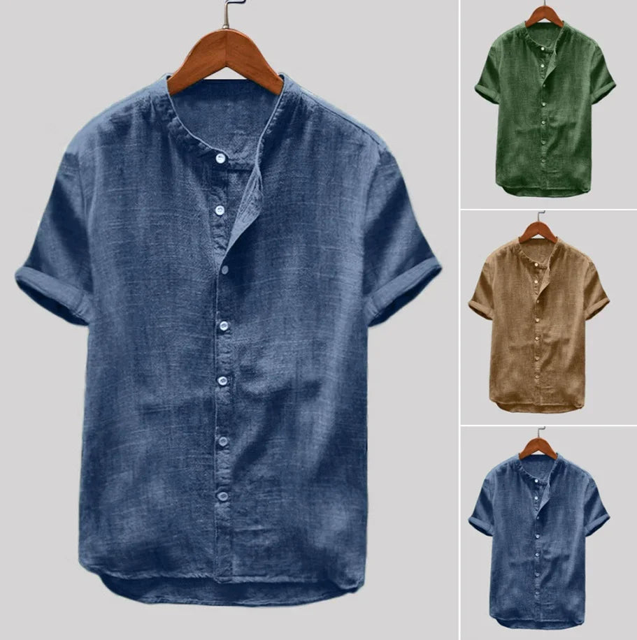 Men's casual short sleeve button-up linen shirts in blue, green, and brown colors on wooden hangers