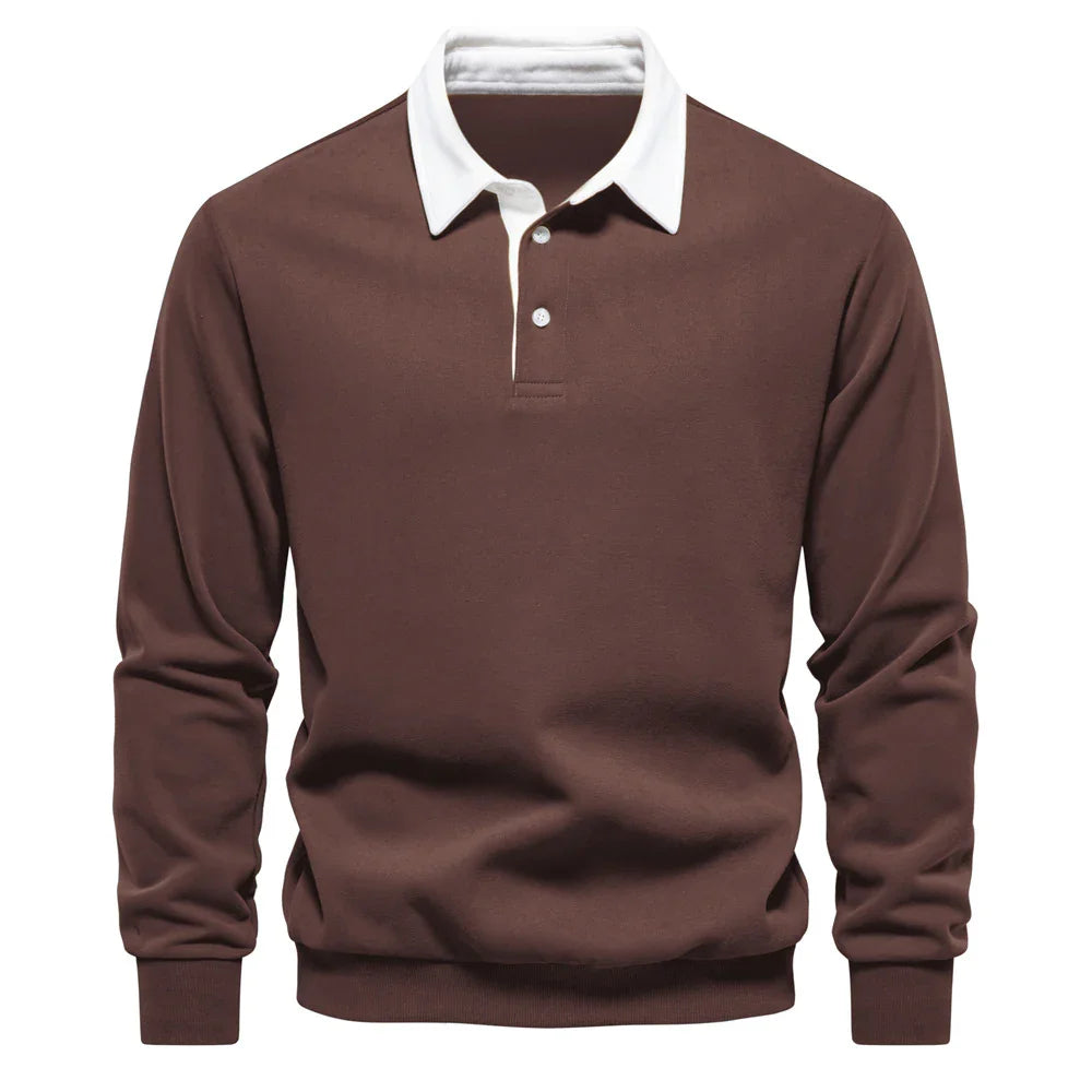 Brown long sleeve rugby shirt with white collar and button placket