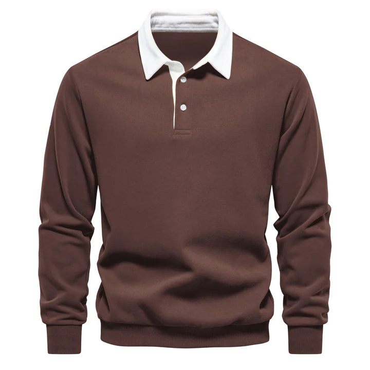 Brown long sleeve rugby shirt with white collar and button placket
