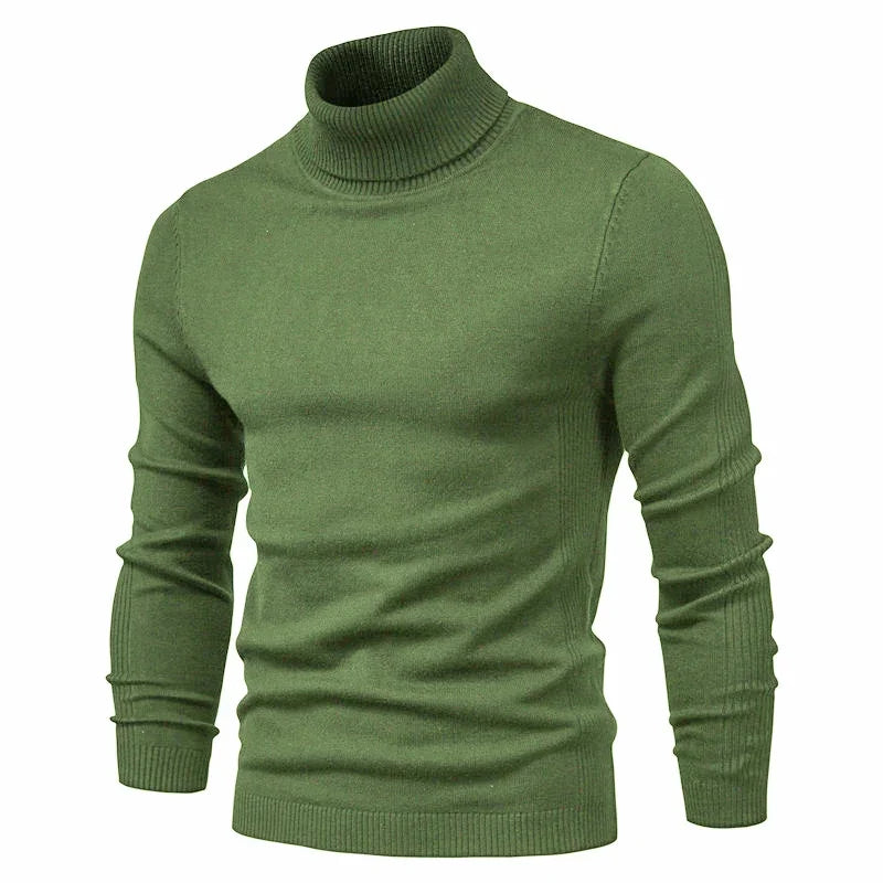 Green men's ribbed turtleneck sweater with long sleeves and fitted design