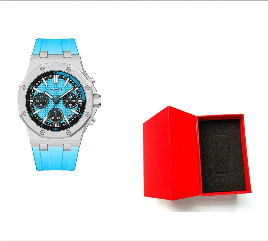 Silver chronograph wristwatch with blue strap and textured blue dial next to open red watch box