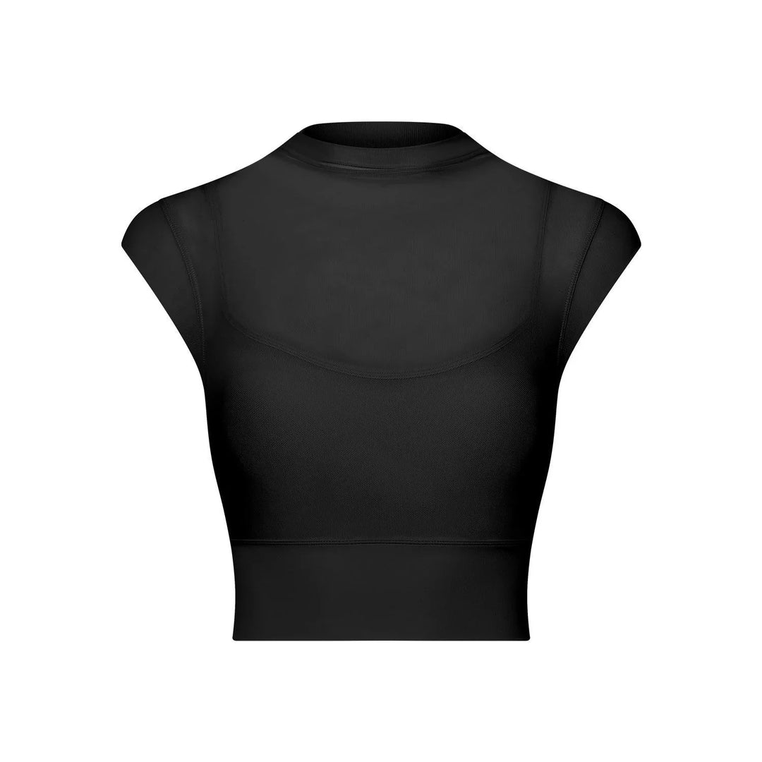 Black women's cropped athletic top with cap sleeves and mesh panel on upper back