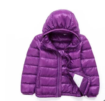 Purple puffer jacket with hood, front zipper, and quilted design on white background