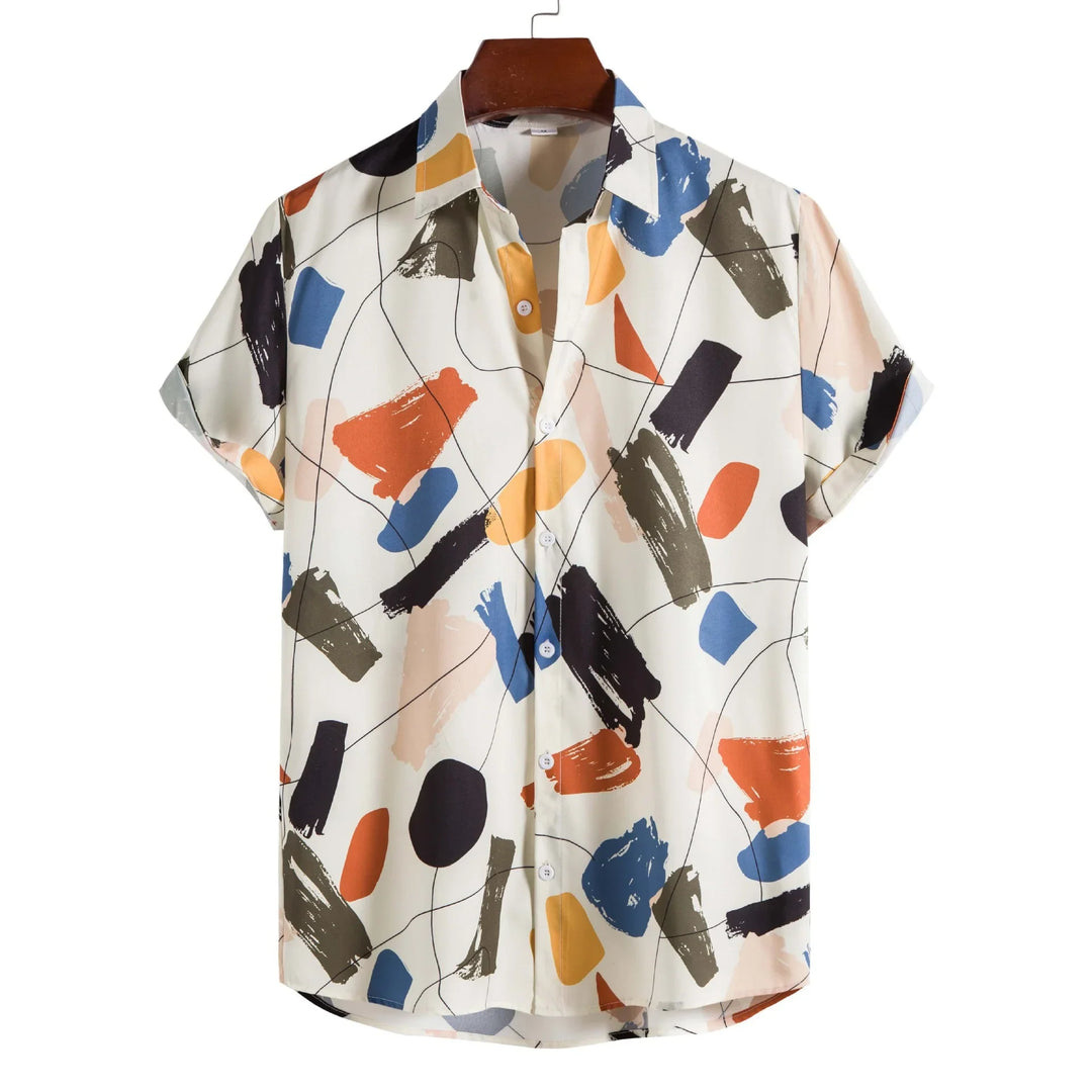 Short-sleeve button-up shirt with multicolor abstract brushstroke pattern on white background